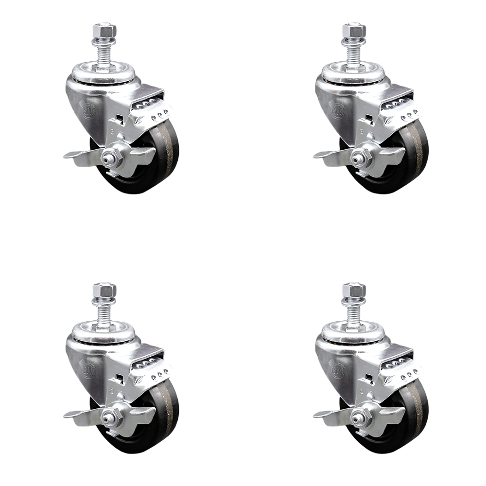 Phenolic Swivel Threaded Stem Caster Set of 4 w/3" x 1.25" Black Wheels and 12mm Stems - Includes 4 with Top Lock Brakes - 1200 lbs Total Capacity - Service Caster Brand — photo 1