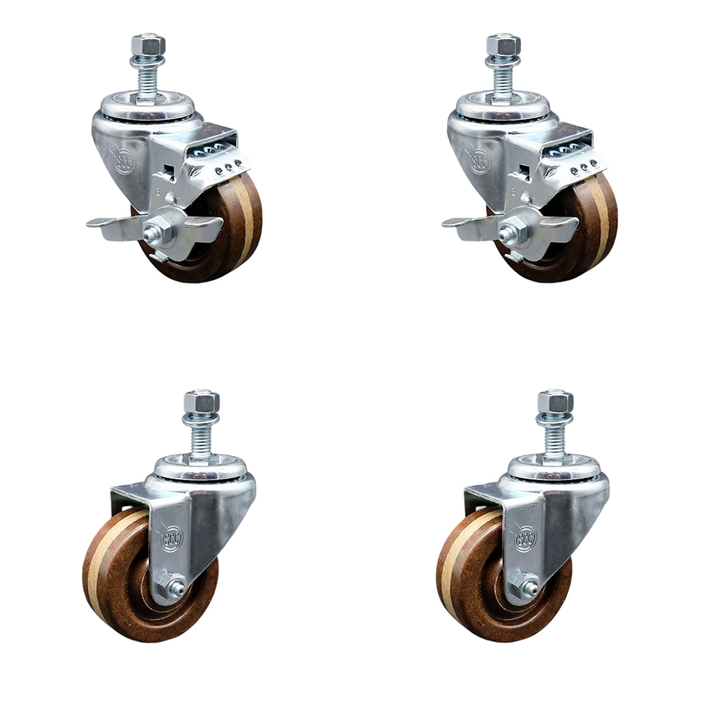 High Temperature Phenolic Swivel Threaded Stem Caster Set of 4 - 3" x 1.25" Brown Wheels and 1/2" Stems - Includes 2 with Top Locking Brake - 1200 lbs Total Capacity - Service Caster Brand — photo 1
