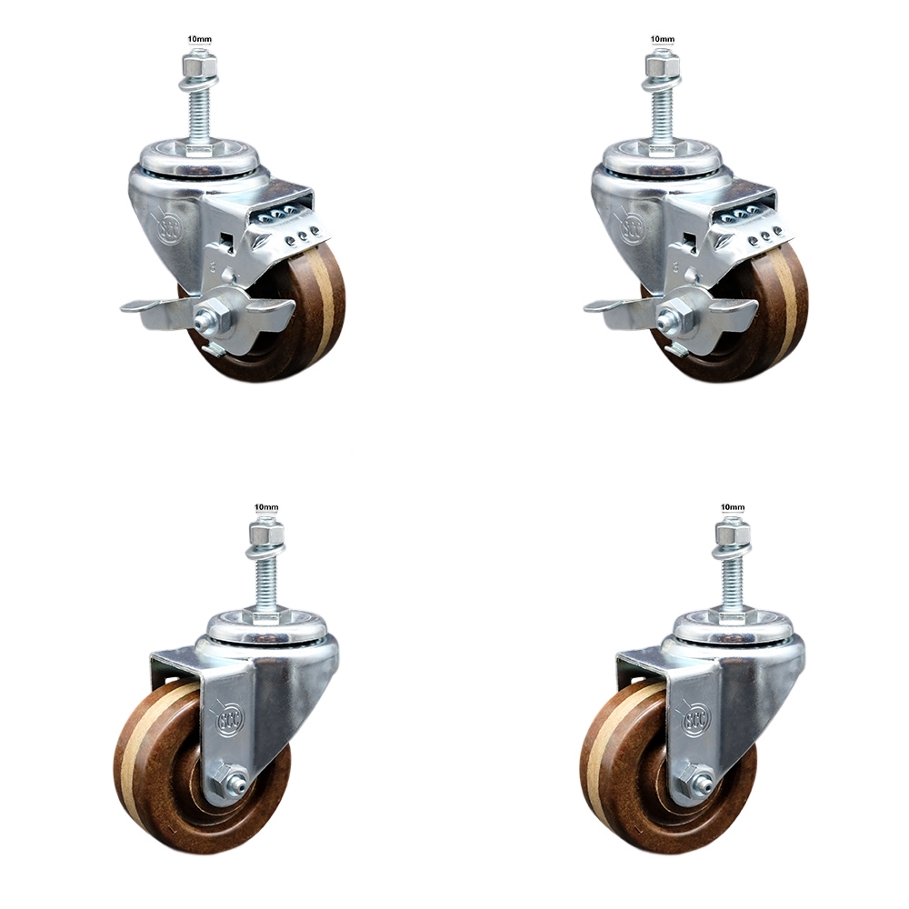 High Temperature Phenolic Swivel Threaded Stem Caster Set of 4 - 3" x 1.25" Brown Wheels and 10MM Metric Stems - Includes 2 with Top Locking Brake - 1200 lbs Total Capacity - Service Caster Brand — photo 1