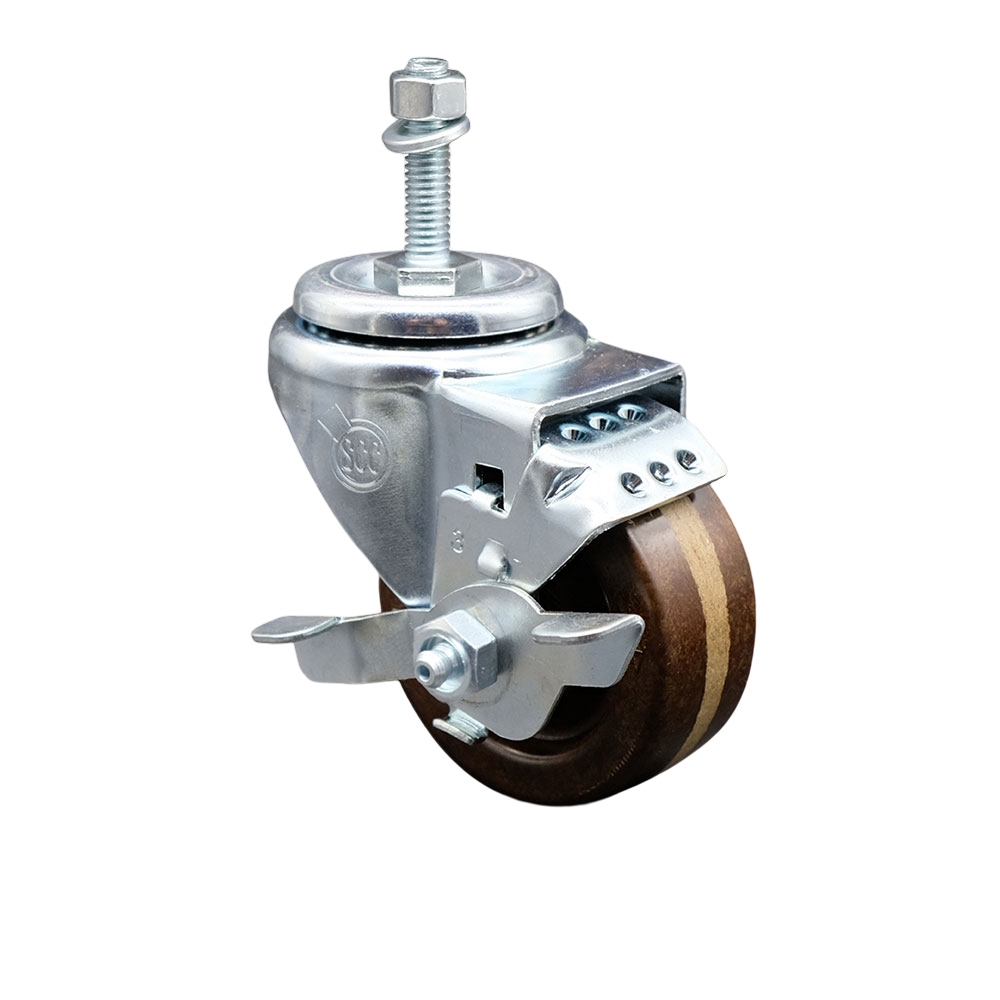 High Temperature Phenolic Swivel Threaded Stem Caster - 3" x 1.25" Brown Wheel and 3/8" Stem & Top Locking Brake - 300 lbs Capacity/Caster - Service Caster Brand — photo 1