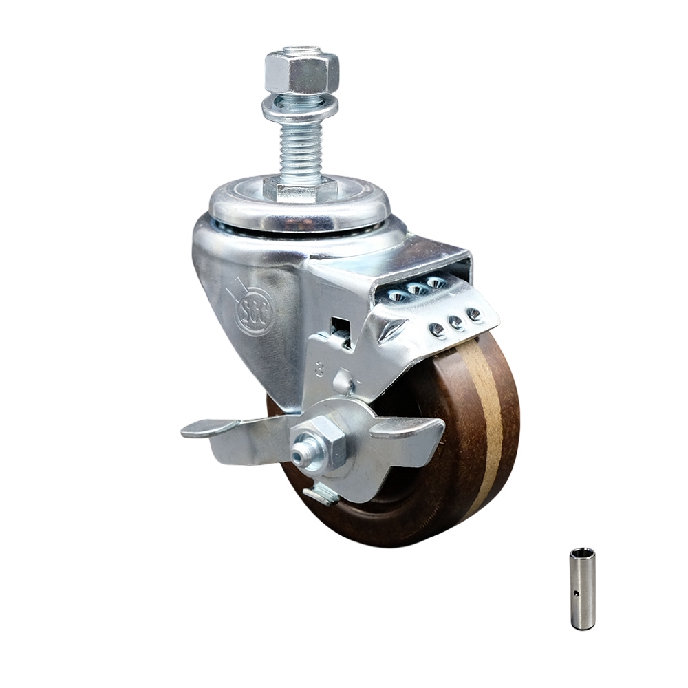 High Temperature Phenolic Swivel Threaded Stem Caster - 3" x 1.25" Brown Wheel and 12MM Metric Stem & Top Locking Brake - 300 lbs Capacity/Caster - Service Caster Brand — photo 1