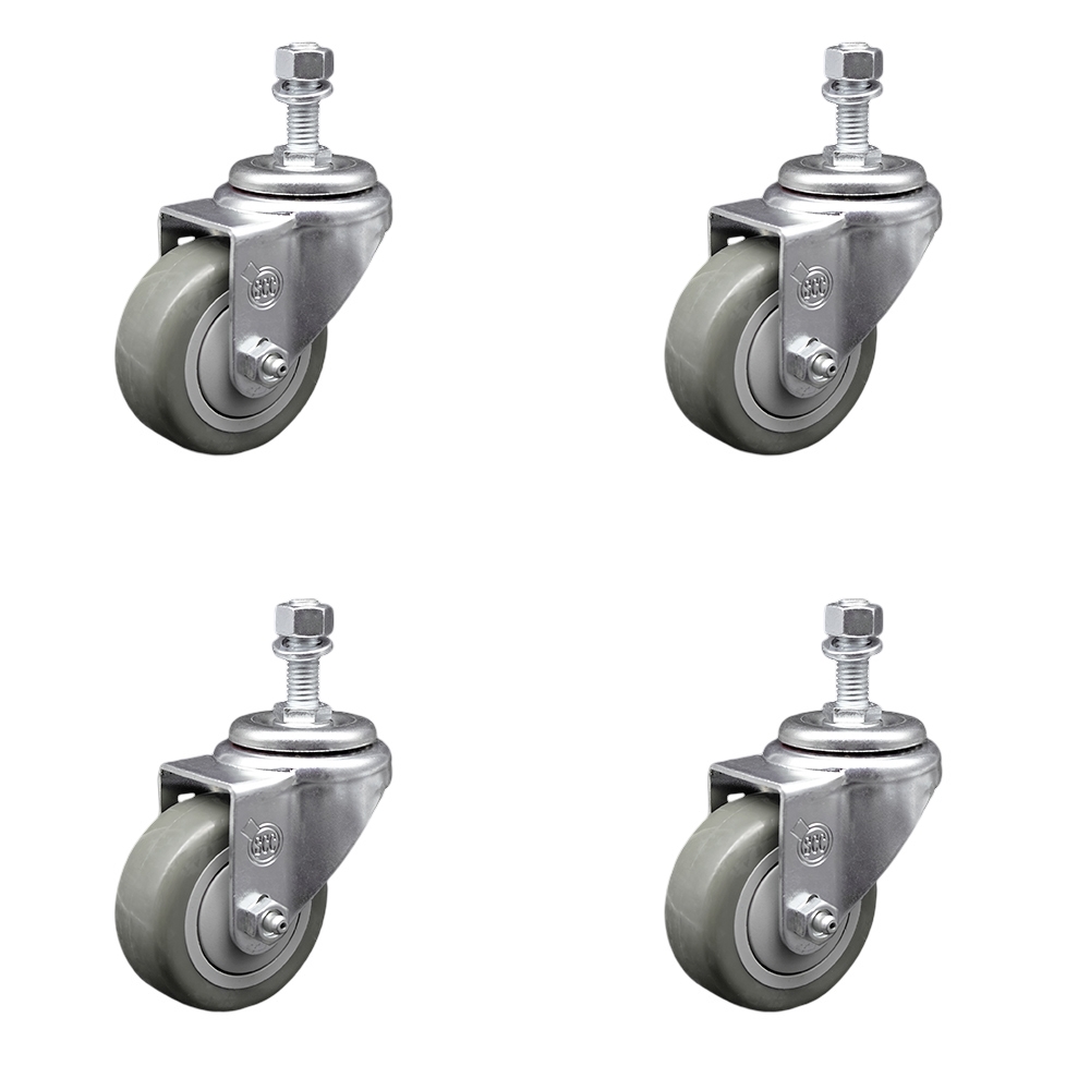 Polyurethane Swivel Threaded Stem Caster Set of 4 w/3" x 1.25" Gray Wheels and 1/2" Stems - Includes 4 Swivel - 1200 lbs Total Capacity - Service Caster Brand — photo 1