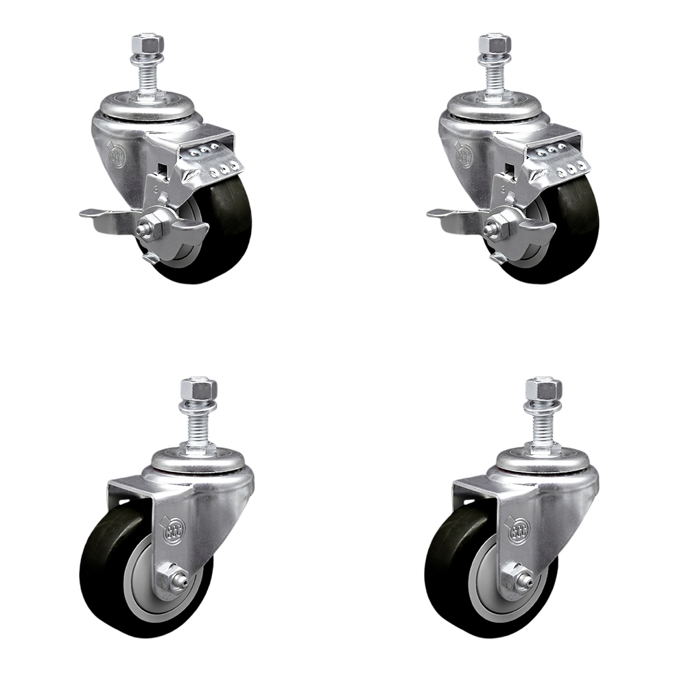 Polyurethane Swivel Threaded Stem Caster Set of 4 w/3" x 1.25"  Black Wheels and 1/2" Stems - Includes 2 with Top Locking Brake - 1200 lbs Total Capacity - Service Caster Brand — photo 1
