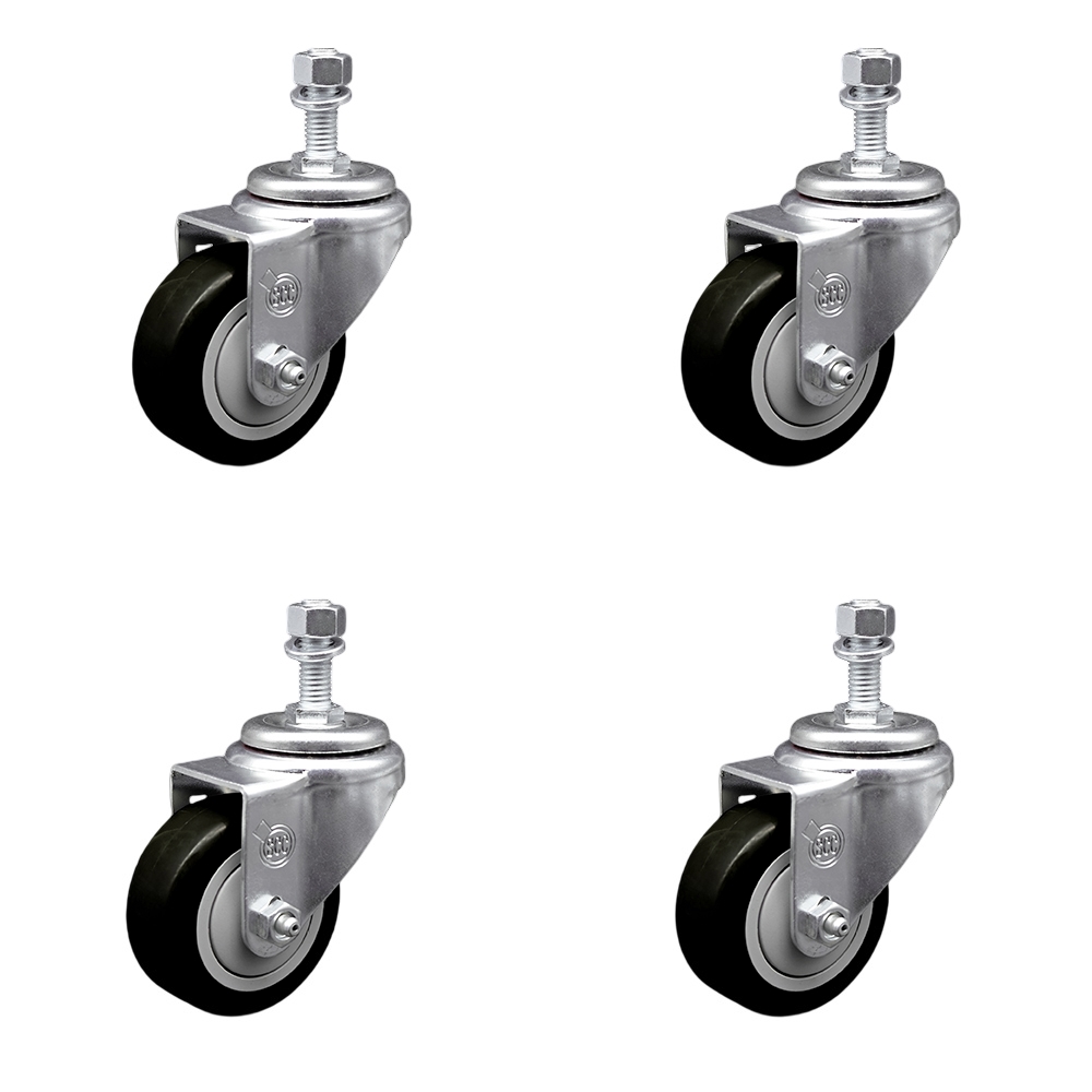 Polyurethane Swivel Threaded Stem Caster Set of 4 w/3" x 1.25" Black Wheels and 1/2" Stems - Includes 4 Swivel - 1200 lbs Total Capacity - Service Caster Brand — photo 1