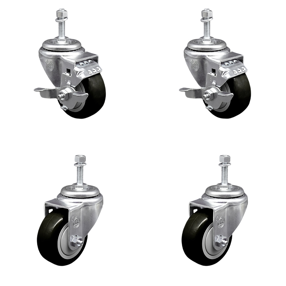 Polyurethane Swivel Threaded Stem Caster Set of 4 w/3" x 1.25"  Black Wheels and 3/8" Stems - Includes 2 with Top Locking Brake - 1200 lbs Total Capacity - Service Caster Brand — photo 1