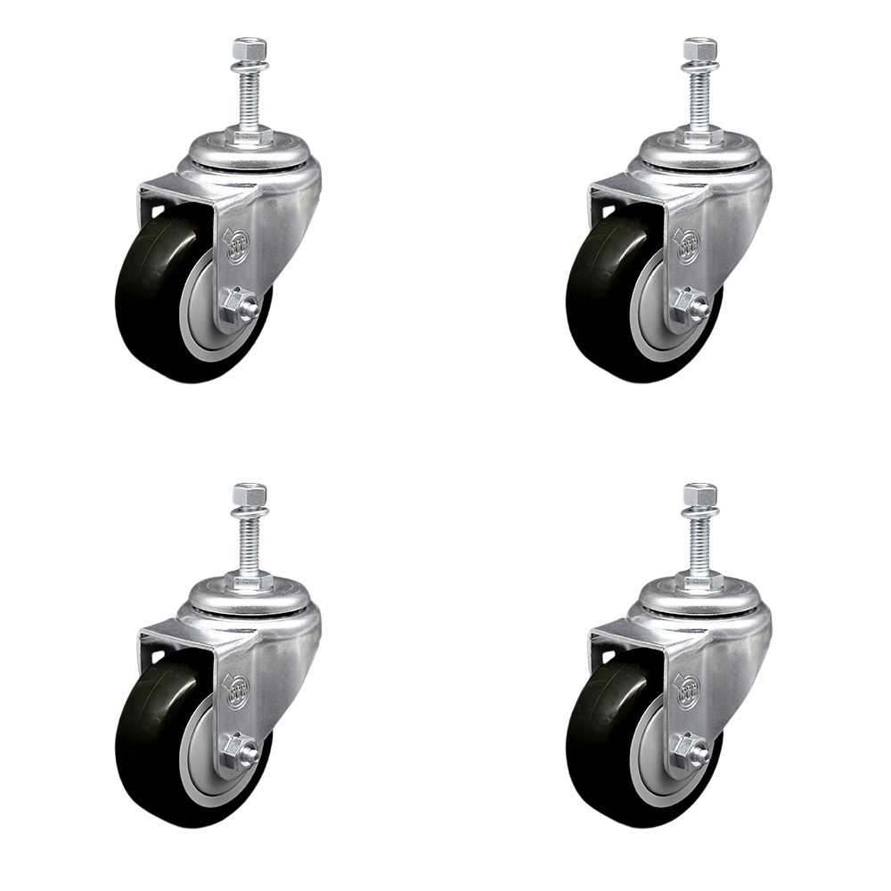Polyurethane Swivel Threaded Stem Caster Set of 4 w/3" x 1.25" Black Wheels and 3/8" Stems - Includes 4 Swivel - 1200 lbs Total Capacity - Service Caster Brand — photo 1