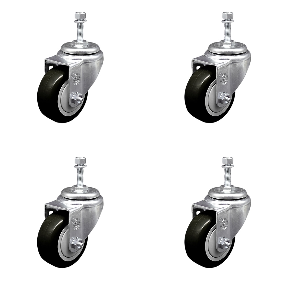 Polyurethane Swivel Threaded Stem Caster Set of 4 w/3" x 1.25" Black Wheels and 10mm Stems - Includes 4 Swivel - 1200 lbs Total Capacity - Service Caster Brand — photo 1