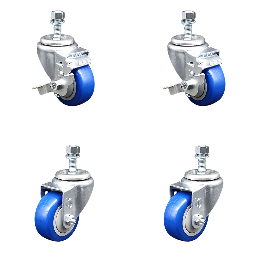 Polyurethane Swivel Threaded Stem Caster Set of 4 w/3" x 1.25"  Blue Wheels and 12mm Stems - Includes 2 with Top Locking Brake - 1200 lbs Total Capacity - Service Caster Brand — photo 1