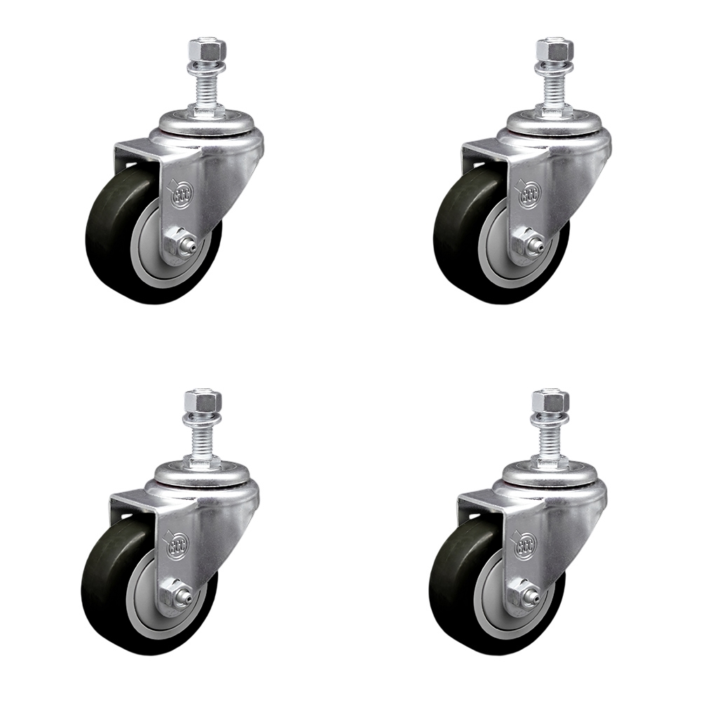 Polyurethane Swivel Threaded Stem Caster Set of 4 w/3" x 1.25" Black Wheels and 12mm Stems - Includes 4 Swivel - 1200 lbs Total Capacity - Service Caster Brand — photo 1
