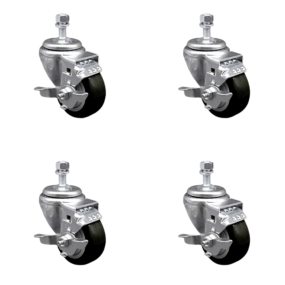 Polyurethane Swivel Threaded Stem Caster Set of 4 w/3" x 1.25" Black Wheels and 1/2" Stems - Includes 4 with Top Lock Brakes - 1200 lbs Total Capacity - Service Caster Brand — photo 1