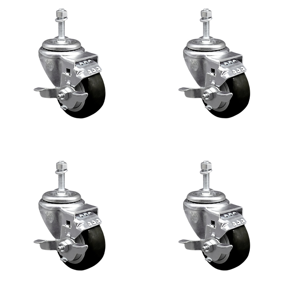 Polyurethane Swivel Threaded Stem Caster Set of 4 w/3" x 1.25" Black Wheels and 3/8" Stems - Includes 4 with Top Lock Brakes - 1200 lbs Total Capacity - Service Caster Brand — photo 1