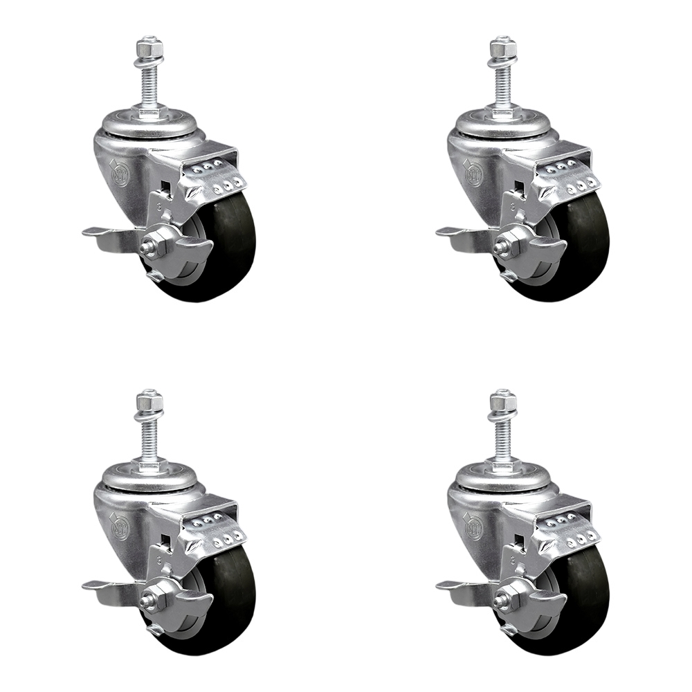 Polyurethane Swivel Threaded Stem Caster Set of 4 w/3" x 1.25" Black Wheels and 10mm Stems - Includes 4 with Top Lock Brakes - 1200 lbs Total Capacity - Service Caster Brand — photo 1