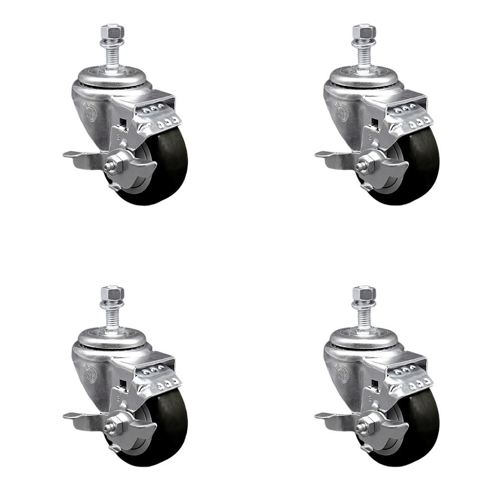 Polyurethane Swivel Threaded Stem Caster Set of 4 w/3" x 1.25" Black Wheels and 12mm Stems - Includes 4 with Top Lock Brakes - 1200 lbs Total Capacity - Service Caster Brand — photo 1