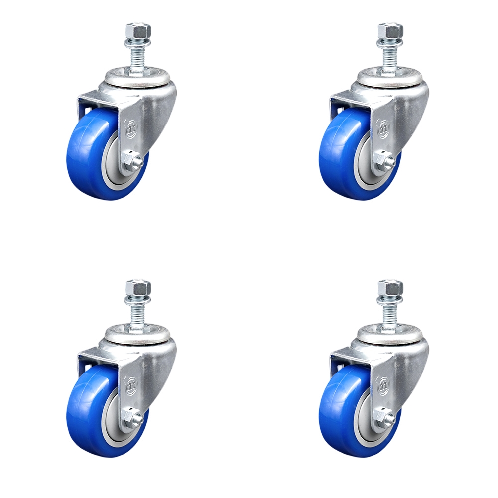 Polyurethane Swivel Threaded Stem Caster Set of 4 w/3" x 1.25" Blue Wheels and 1/2" Stems - Includes 4 Swivel - 1200 lbs Total Capacity - Service Caster Brand — photo 1