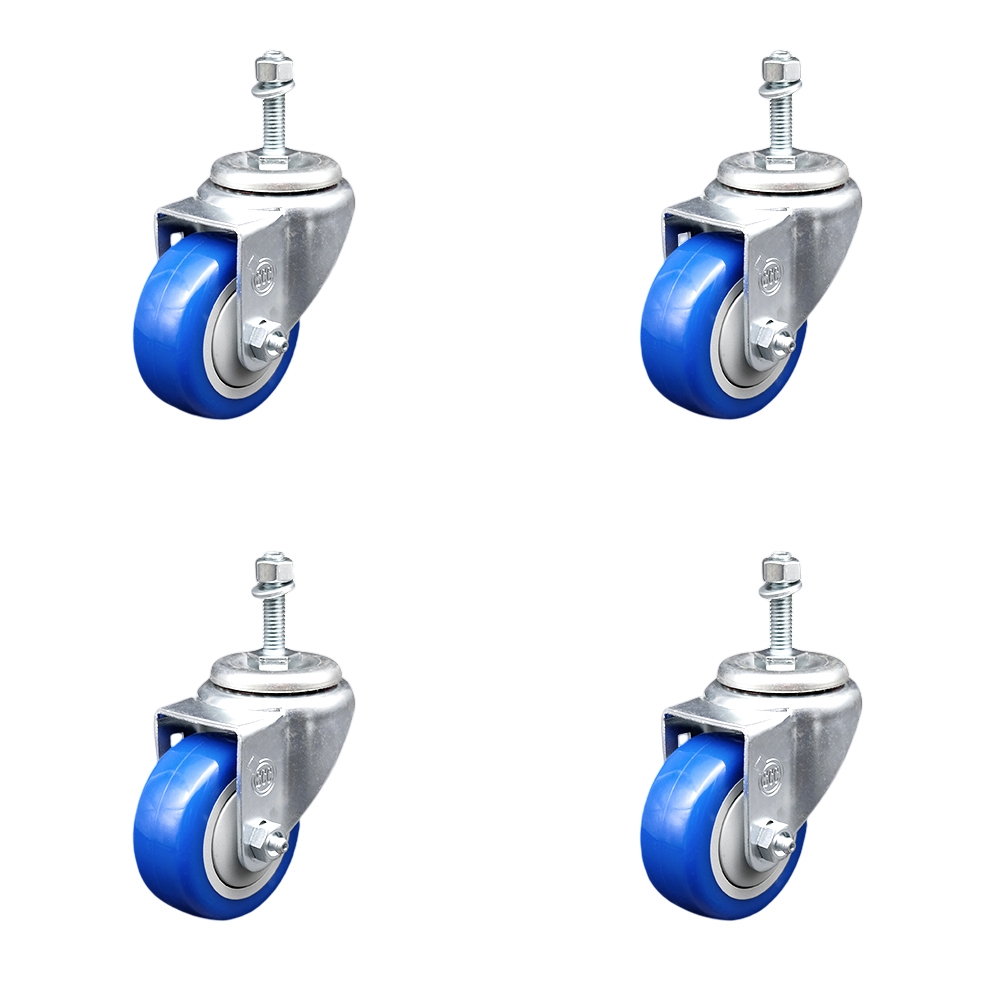 Polyurethane Swivel Threaded Stem Caster Set of 4 w/3" x 1.25" Blue Wheels and 3/8" Stems - Includes 4 Swivel - 1200 lbs Total Capacity - Service Caster Brand — photo 1