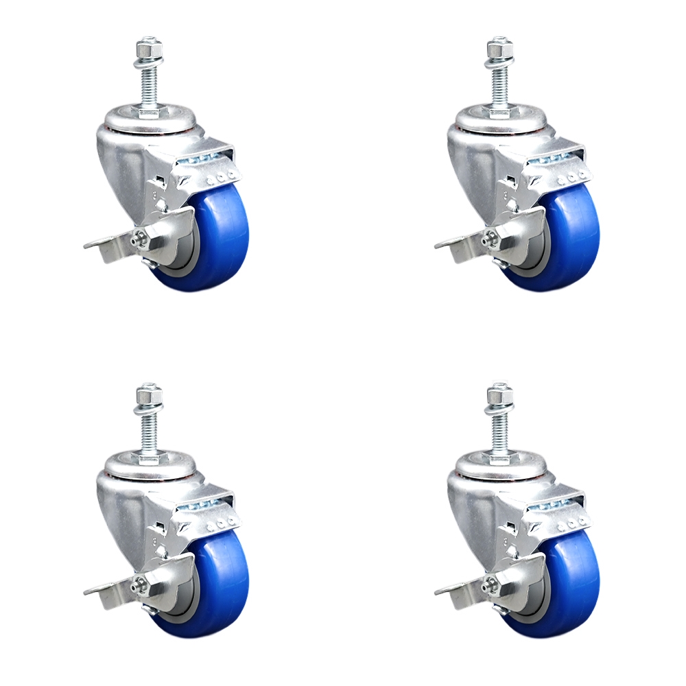 Polyurethane Swivel Threaded Stem Caster Set of 4 w/3" x 1.25" Blue Wheels and 10mm Stems - Includes 4 with Top Lock Brakes - 1200 lbs Total Capacity - Service Caster Brand — photo 1