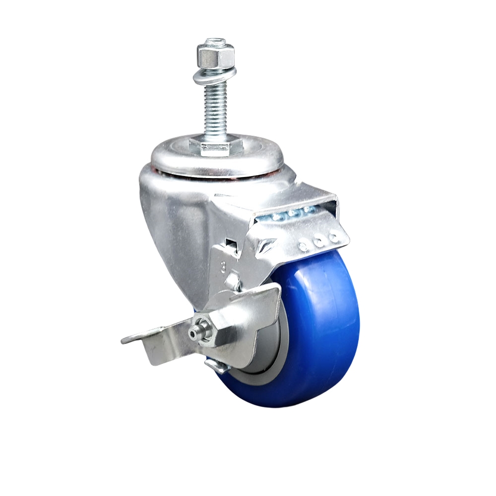3" Swivel Caster with 10mm Threaded Stem, Blue Polyurethane Wheel and Brake - 300 lbs. Capacity - Service Caster Brand — photo 1