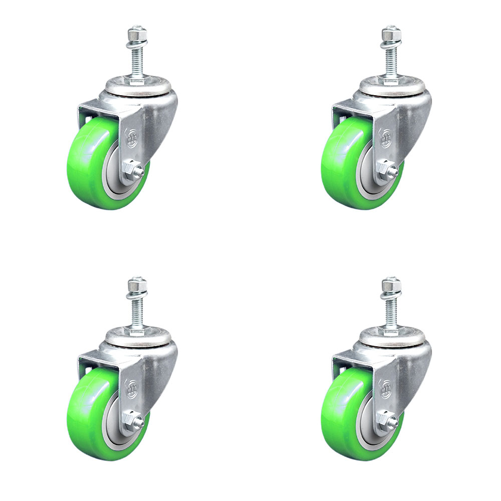 Polyurethane Swivel Threaded Stem Caster Set of 4 w/3" x 1.25" Green Wheels and 3/8" Stems - Includes 4 Swivel - 1200 lbs Total Capacity - Service Caster Brand — photo 1