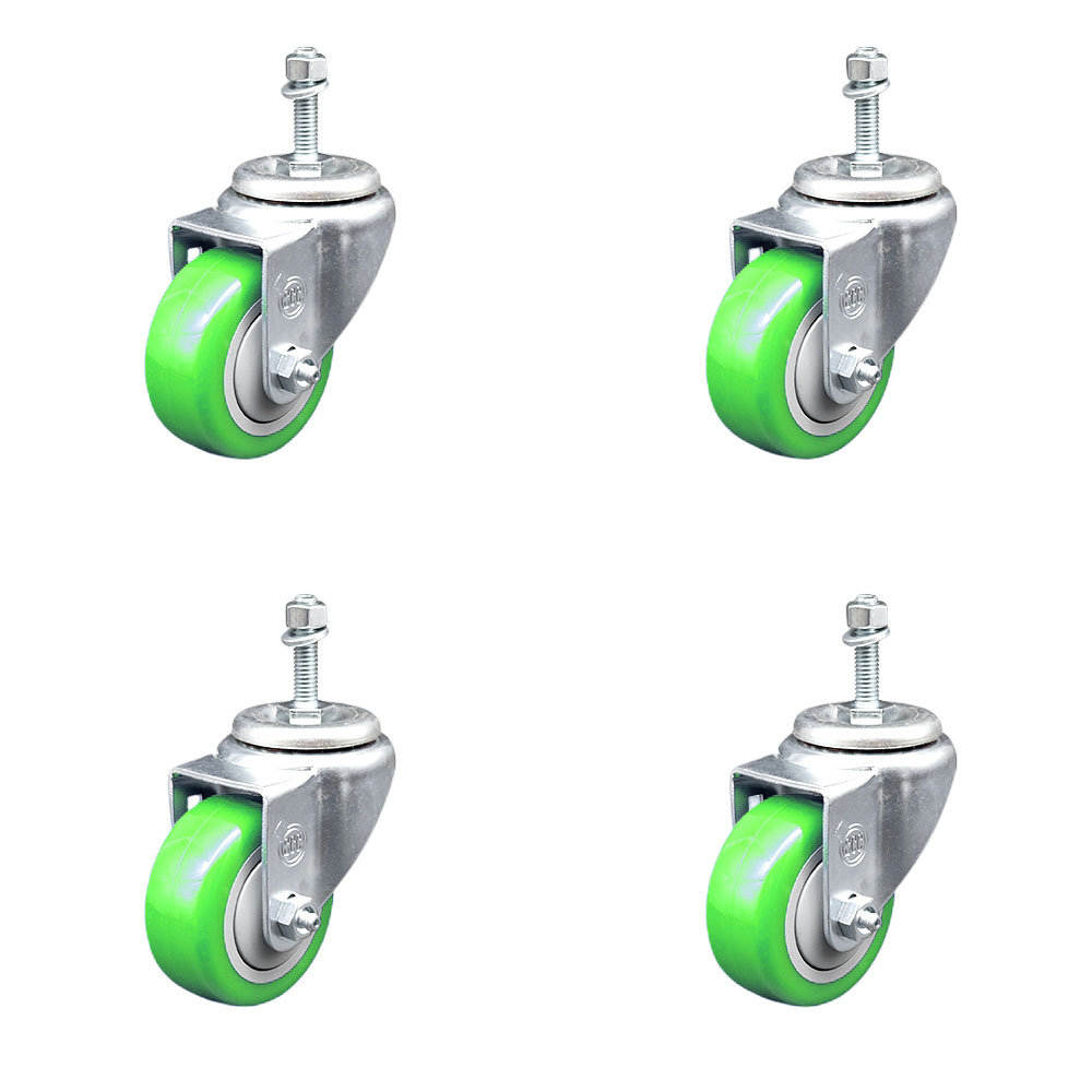 Polyurethane Swivel Threaded Stem Caster Set of 4 w/3" x 1.25" Green Wheels and 10mm Stems - Includes 4 Swivel - 1200 lbs Total Capacity - Service Caster Brand — photo 1