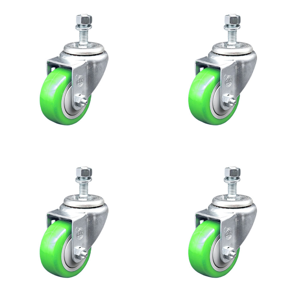 Polyurethane Swivel Threaded Stem Caster Set of 4 w/3" x 1.25" Green Wheels and 12mm Stems - Includes 4 Swivel - 1200 lbs Total Capacity - Service Caster Brand — photo 1