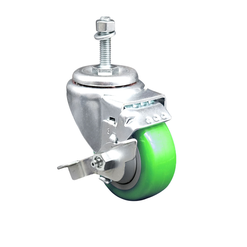 3" Swivel Caster with 3/8" Threaded Stem, Green Polyurethane Wheel and Brake - 300 lbs. Capacity - Service Caster Brand — photo 1