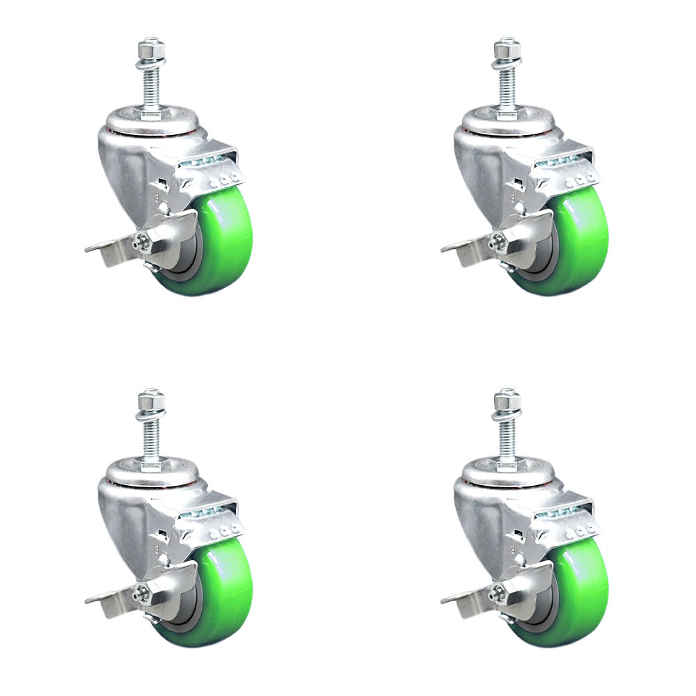 Polyurethane Swivel Threaded Stem Caster Set of 4 w/3" x 1.25" Green Wheels and 10mm Stems - Includes 4 with Top Lock Brakes - 1200 lbs Total Capacity - Service Caster Brand — photo 1