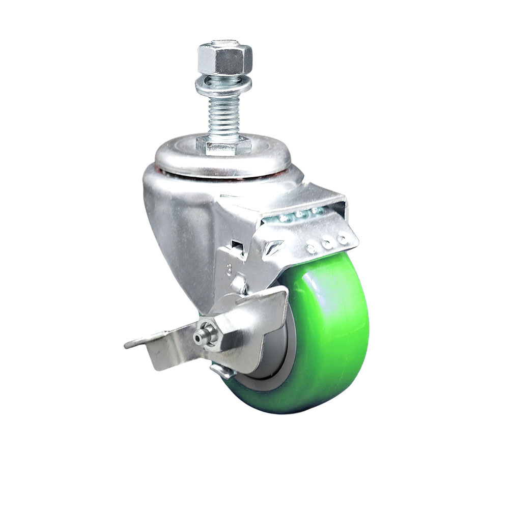 Polyurethane Swivel Threaded Stem Caster w/3" x 1.25" Green Wheel and 12mm Stem & Top Locking Brake - 300 lbs Capacity/Caster - Service Caster Brand — photo 1
