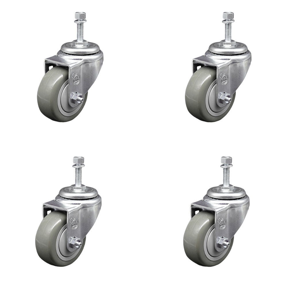 Polyurethane Swivel Threaded Stem Caster Set of 4 w/3" x 1.25" Gray Wheels and 10mm Stems - Includes 4 Swivel - 1200 lbs Total Capacity - Service Caster Brand — photo 1