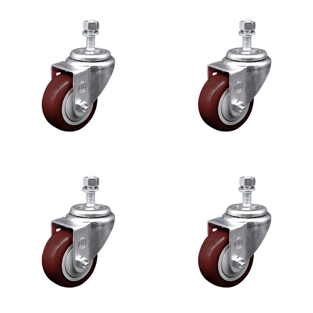 Polyurethane Swivel Threaded Stem Caster Set of 4 w/3" x 1.25" Maroon Wheels and 1/2" Stems - Includes 4 Swivel - 1200 lbs Total Capacity - Service Caster Brand — photo 1