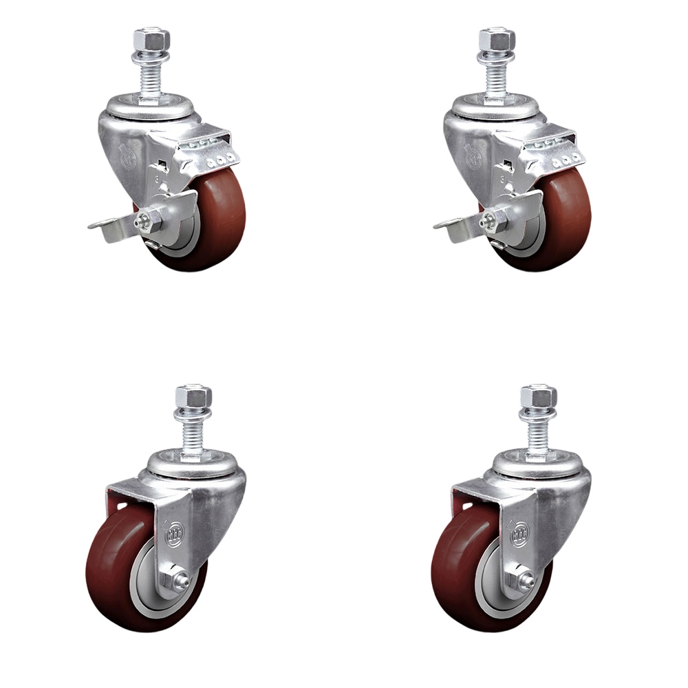 Polyurethane Swivel Threaded Stem Caster Set of 4 w/3" x 1.25"  Maroon Wheels and 12mm Stems - Includes 2 with Top Locking Brake - 1200 lbs Total Capacity - Service Caster Brand — photo 1