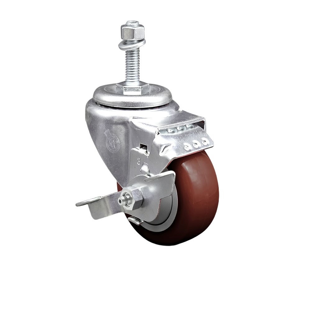 Polyurethane Swivel Threaded Stem Caster w/3" x 1.25"  Maroon Wheel and 3/8" Stem & Top Locking Brake - 300 lbs Capacity/Caster - Service Caster Brand — photo 1