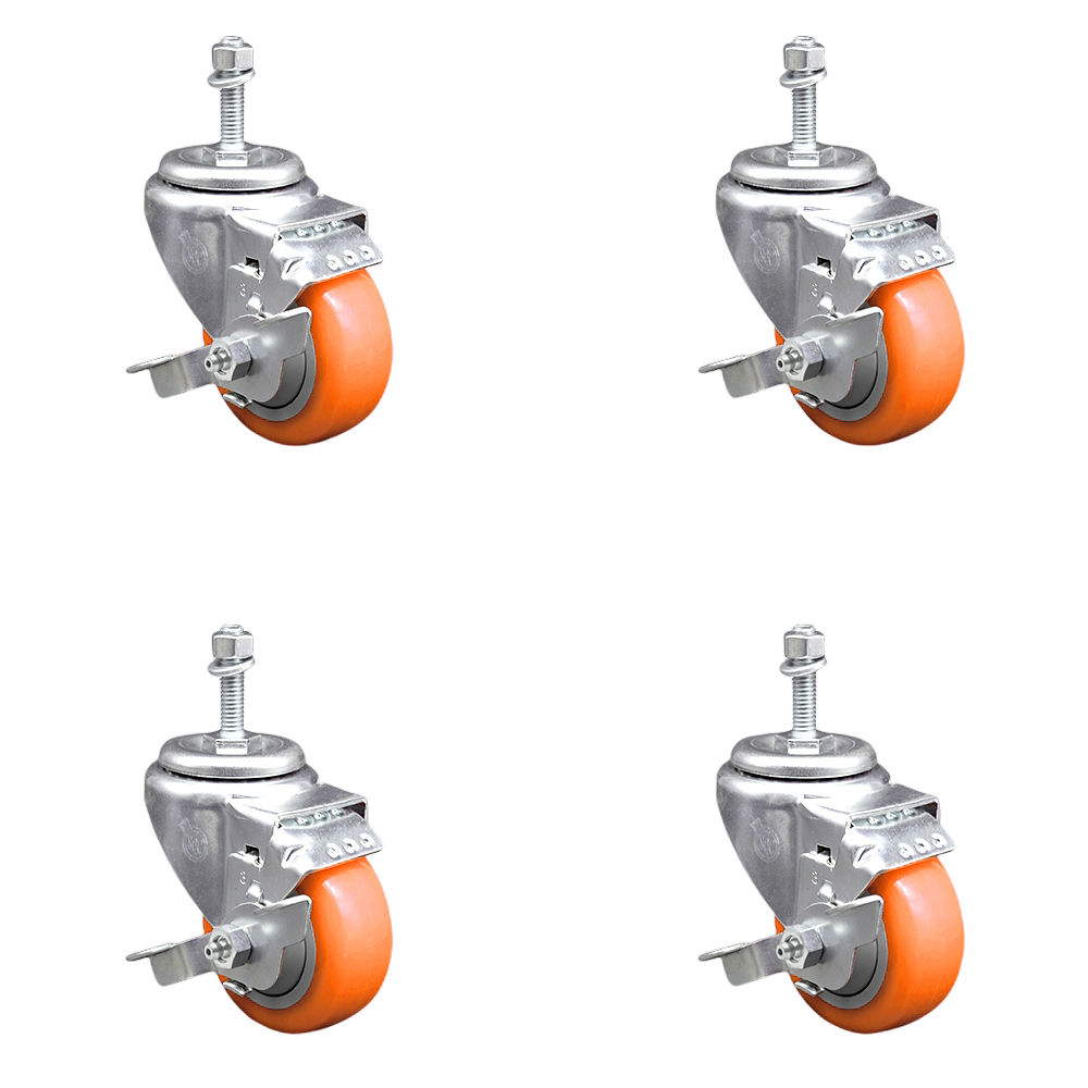 Polyurethane Swivel Stem Caster Set of 4 with 3 Inch Orange Caster Wheels - 3/8" Threaded Stems - 316 Stainless Steel Casters - Includes 4 Swivel Casters with Top Lock Brakes - Service Caster Brand — photo 1