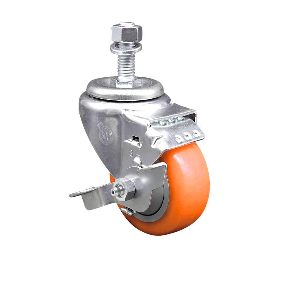 Polyurethane Swivel Threaded Stem Caster w/3" x 1.25" Orange Wheel and 12mm Stem & Top Locking Brake - 300 lbs Capacity/Caster - Service Caster Brand — photo 1
