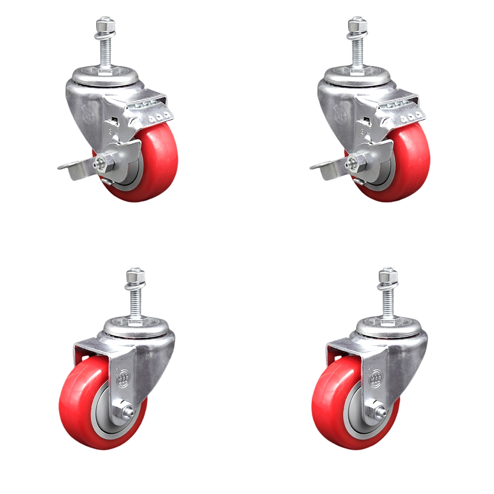 Polyurethane Swivel Threaded Stem Caster Set of 4 w/3" x 1.25" Red Wheels and 3/8" Stems - Includes 2 with Top Locking Brake - 1200 lbs Total Capacity - Service Caster Brand — photo 1