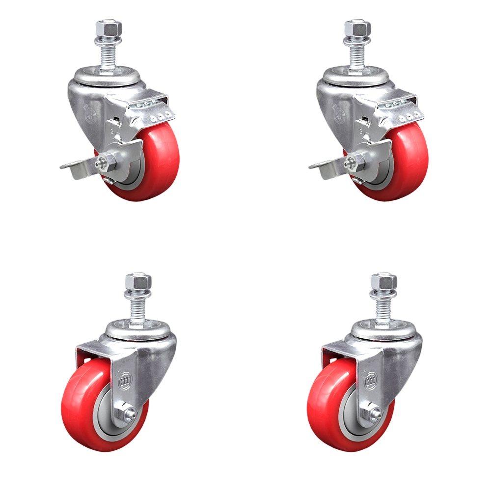Polyurethane Swivel Threaded Stem Caster Set of 4 w/3" x 1.25" Red Wheels and 12mm Stems - Includes 2 with Top Locking Brake - 1200 lbs Total Capacity - Service Caster Brand — photo 1