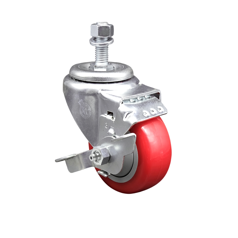 Service Caster Brand Replacement for Colson Caster 2.03354.92 MTG13 BRK1 - Polyurethane Swivel Threaded Stem Caster with 3" Red Wheel and 5/8" x 1-3/4" Stem & Top Locking Brake-300 lbs Capacity/Caster — photo 1