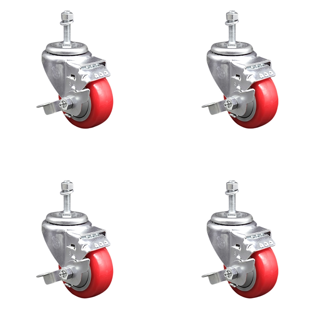 Polyurethane Swivel Threaded Stem Caster Set of 4 w/3" x 1.25" Red Wheels and 3/8" Stems - Includes 4 with Top Lock Brakes - 1200 lbs Total Capacity - Service Caster Brand — photo 1