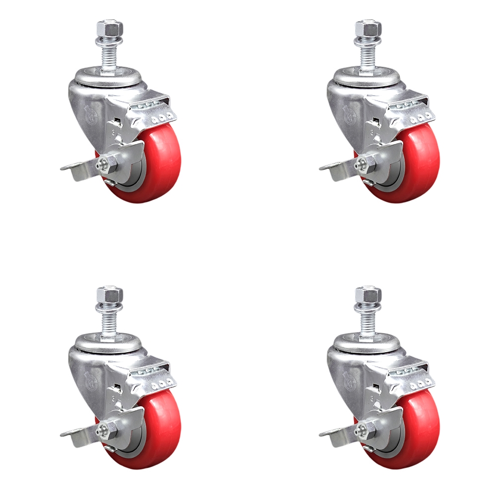 Polyurethane Swivel Threaded Stem Caster Set of 4 w/3" x 1.25" Red Wheels and 12mm Stems - Includes 4 with Top Lock Brakes - 1200 lbs Total Capacity - Service Caster Brand — photo 1