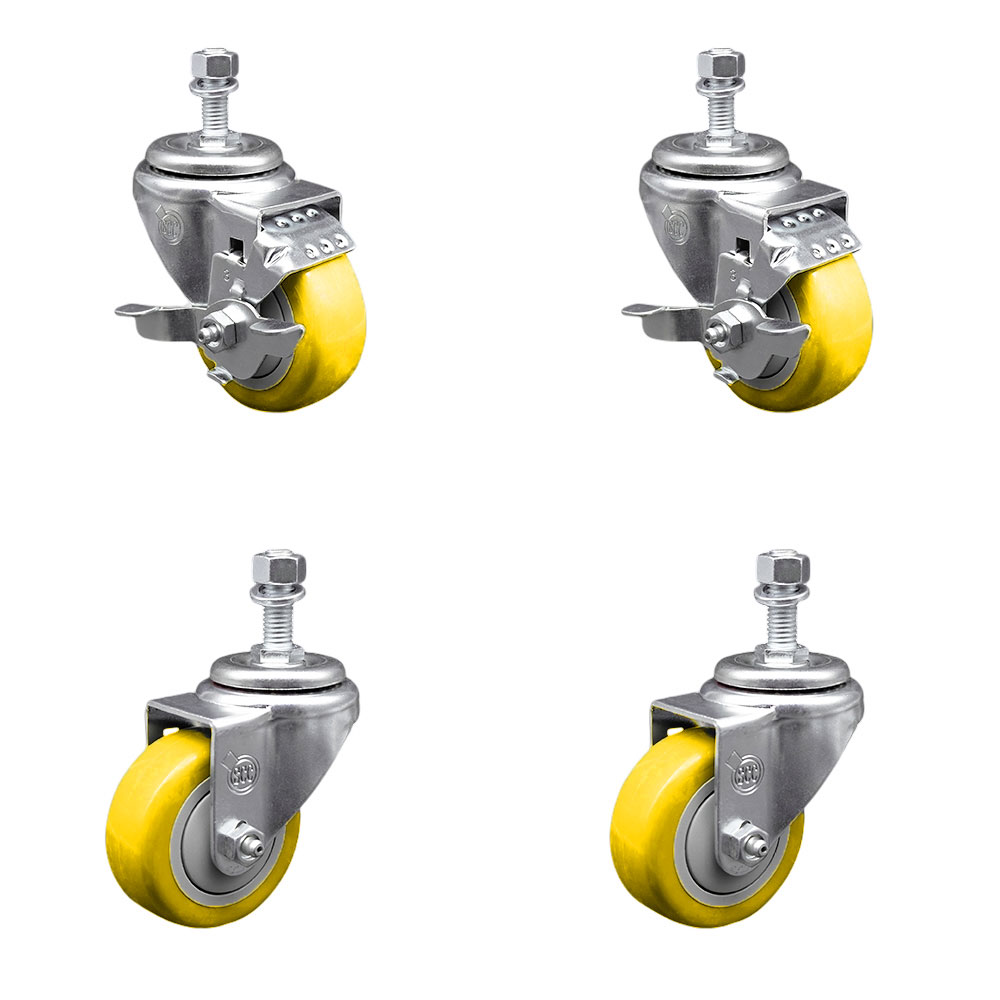 Stainless Steel Polyurethane Swivel Threaded Stem Caster Set of 4 w/3" x 1.25" Yellow Wheels and 1/2" Stems - Includes 2 with Top Locking Brake - 1200 lbs Total Capacity - Service Caster Brand — photo 1
