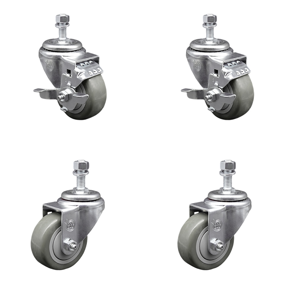 Polyurethane Swivel Threaded Stem Caster Set of 4 w/3" x 1.25" Gray Wheels and 1/2" Stems - Includes 2 with Top Locking Brake - 1200 lbs Total Capacity - Service Caster Brand — photo 1