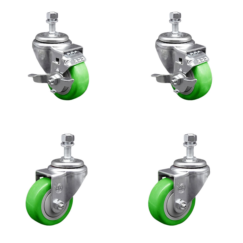 Polyurethane Swivel Threaded Stem Caster Set of 4 w/3" x 1.25" Green Wheels and 1/2" Stems - Includes 2 with Top Locking Brake - 1200 lbs Total Capacity - Service Caster Brand — photo 1