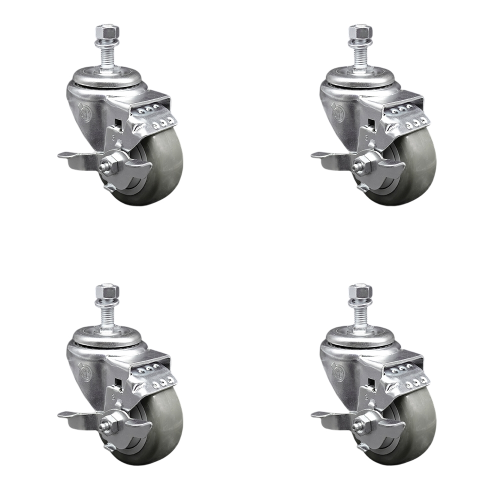 Polyurethane Swivel Threaded Stem Caster Set of 4 w/3" x 1.25" Gray Wheels and 1/2" Stems - Includes 4 with Top Lock Brakes - 1200 lbs Total Capacity - Service Caster Brand — photo 1