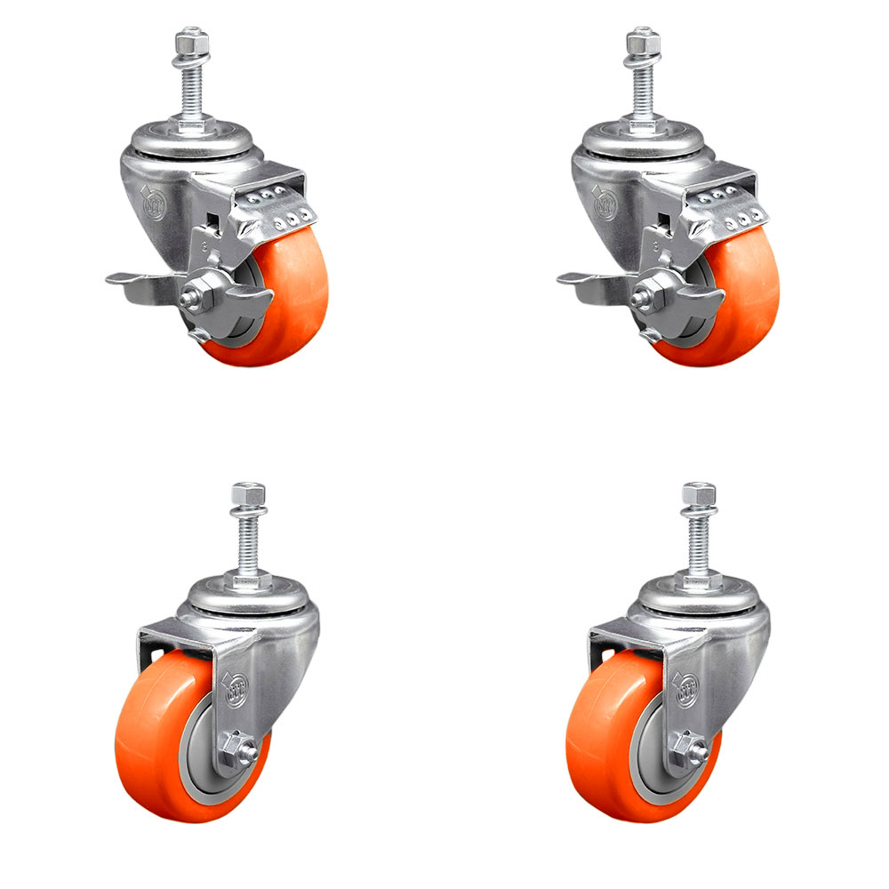 Polyurethane Swivel Threaded Stem Caster Set of 4 w/3" x 1.25" Orange Wheels and 3/8" Stems - Includes 2 with Top Locking Brake - 1200 lbs Total Capacity - Service Caster Brand — photo 1