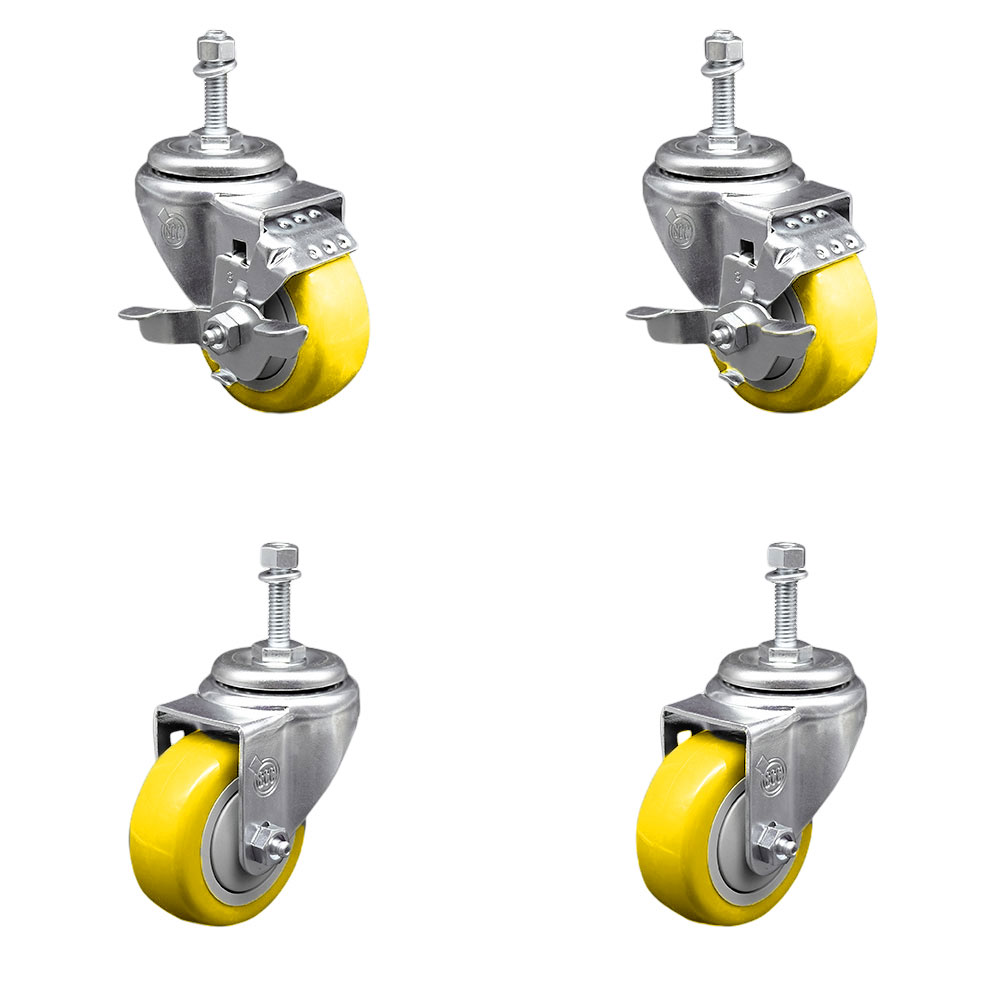 Stainless Steel Polyurethane Swivel Threaded Stem Caster Set of 4 w/3" x 1.25" Yellow Wheels and 3/8" Stems - Includes 2 with Top Locking Brake - 1200 lbs Total Capacity - Service Caster Brand — photo 1