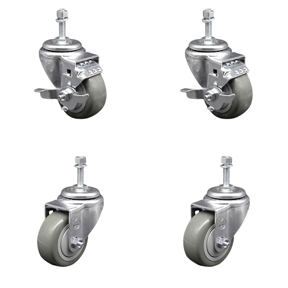 Polyurethane Swivel Threaded Stem Caster Set of 4 w/3" x 1.25" Gray Wheels and 3/8" Stems - Includes 2 with Top Locking Brake - 1200 lbs Total Capacity - Service Caster Brand — photo 1