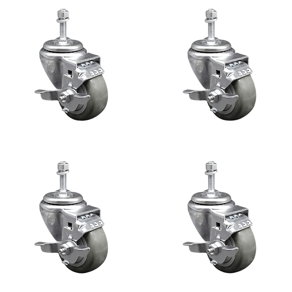 Polyurethane Swivel Threaded Stem Caster Set of 4 w/3" x 1.25" Gray Wheels and 3/8" Stems - Includes 4 with Top Lock Brakes - 1200 lbs Total Capacity - Service Caster Brand — photo 1