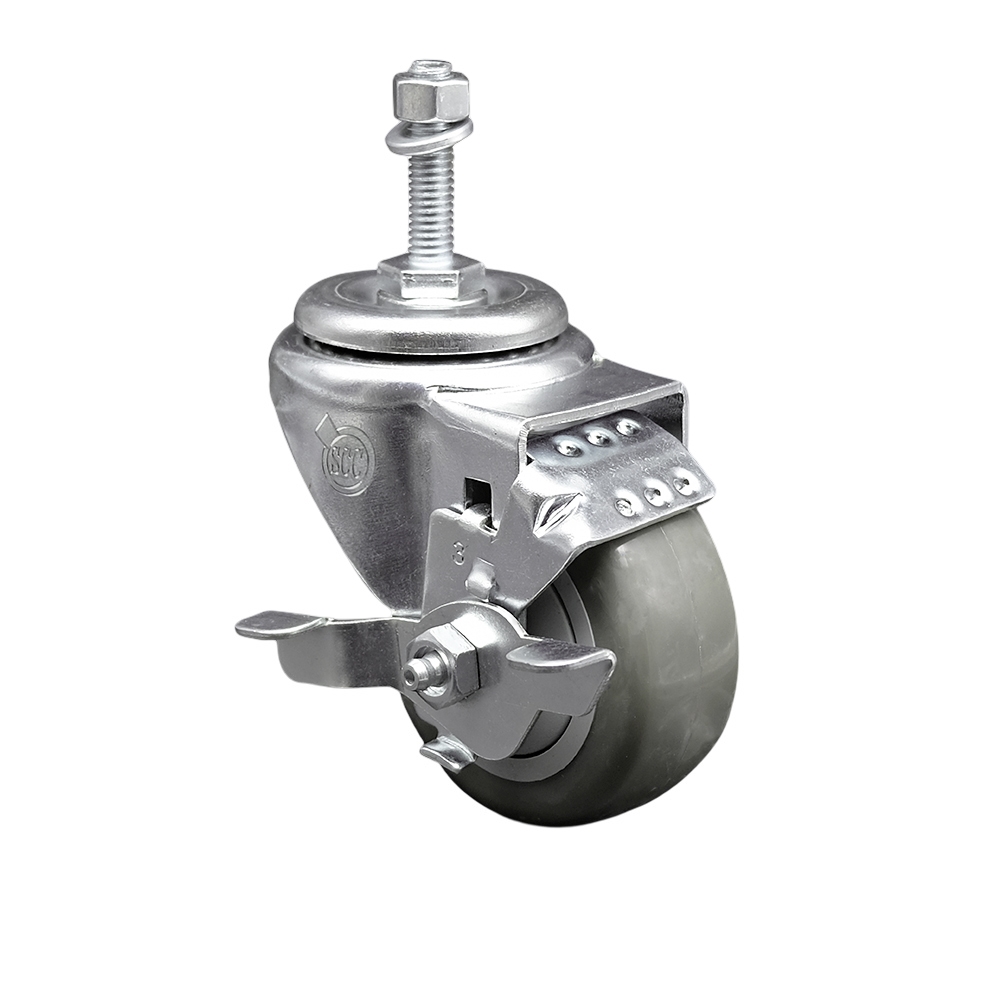 3" Swivel Caster with 3/8" Threaded Stem, Gray Polyurethane Wheel and Brake - 300 lbs. Capacity - Service Caster Brand — photo 1