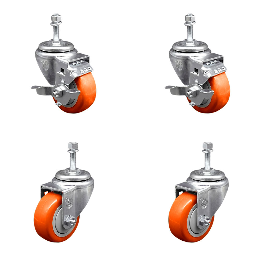 Polyurethane Swivel Threaded Stem Caster Set of 4 w/3" x 1.25" Orange Wheels and 10mm Stems - Includes 2 with Top Locking Brake - 1200 lbs Total Capacity - Service Caster Brand — photo 1