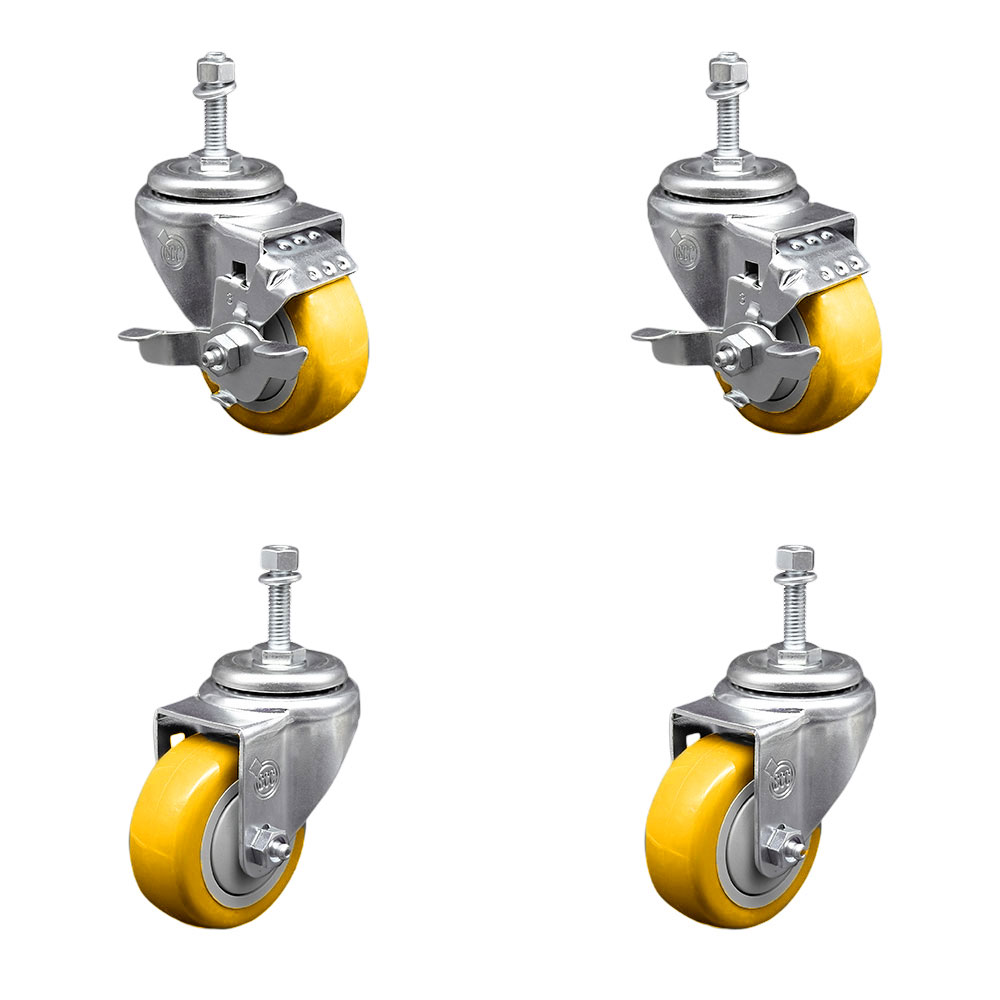 Stainless Steel Polyurethane Swivel Threaded Stem Caster Set of 4 w/3" x 1.25" Yellow Wheels and 10mm Stems - Includes 2 with Top Locking Brake - 1200 lbs Total Capacity - Service Caster Brand — photo 1