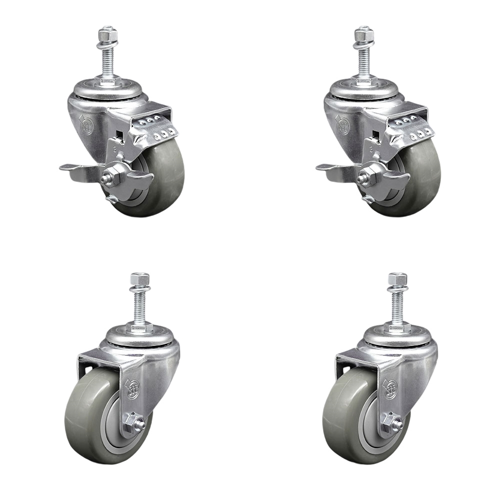 Polyurethane Swivel Threaded Stem Caster Set of 4 w/3" x 1.25" Gray Wheels and 10mm Stems - Includes 2 with Top Locking Brake - 1200 lbs Total Capacity - Service Caster Brand — photo 1